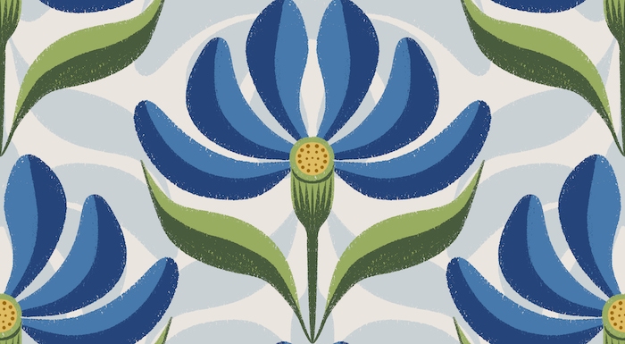 Retro Geometric Floral Royal Blue Green Ivory