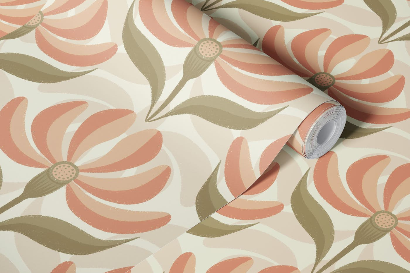 Retro Geometric Floral Peach Pastel Orange wallpaper roll