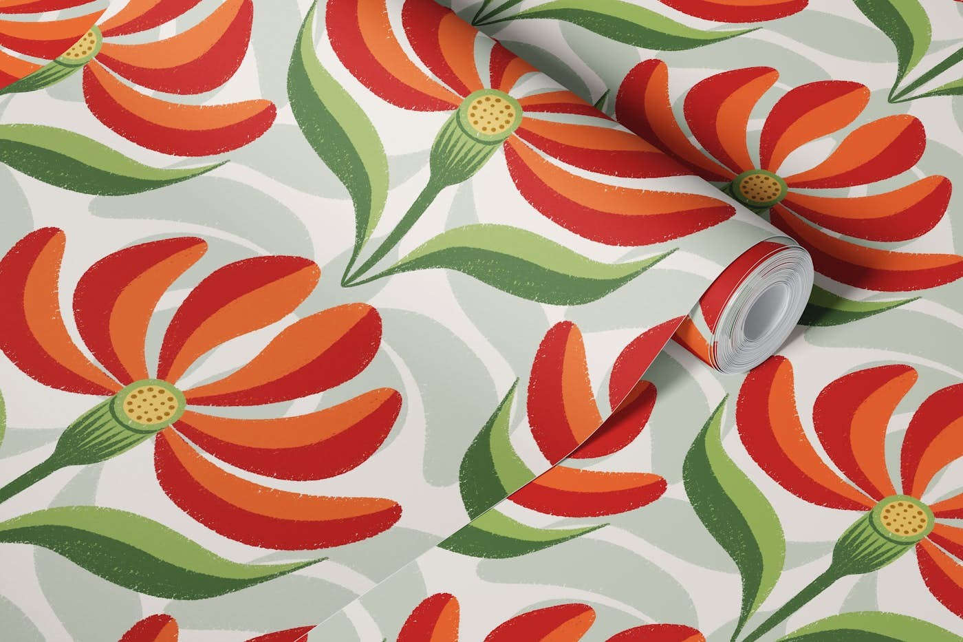 Bright Bold Retro Floral Red Green Ivory wallpaper roll