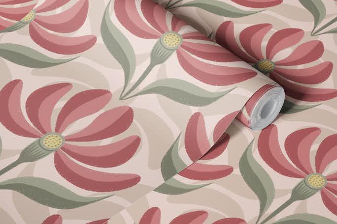 Retro Geometric Floral Rose Pink Creamwallpaper roll
