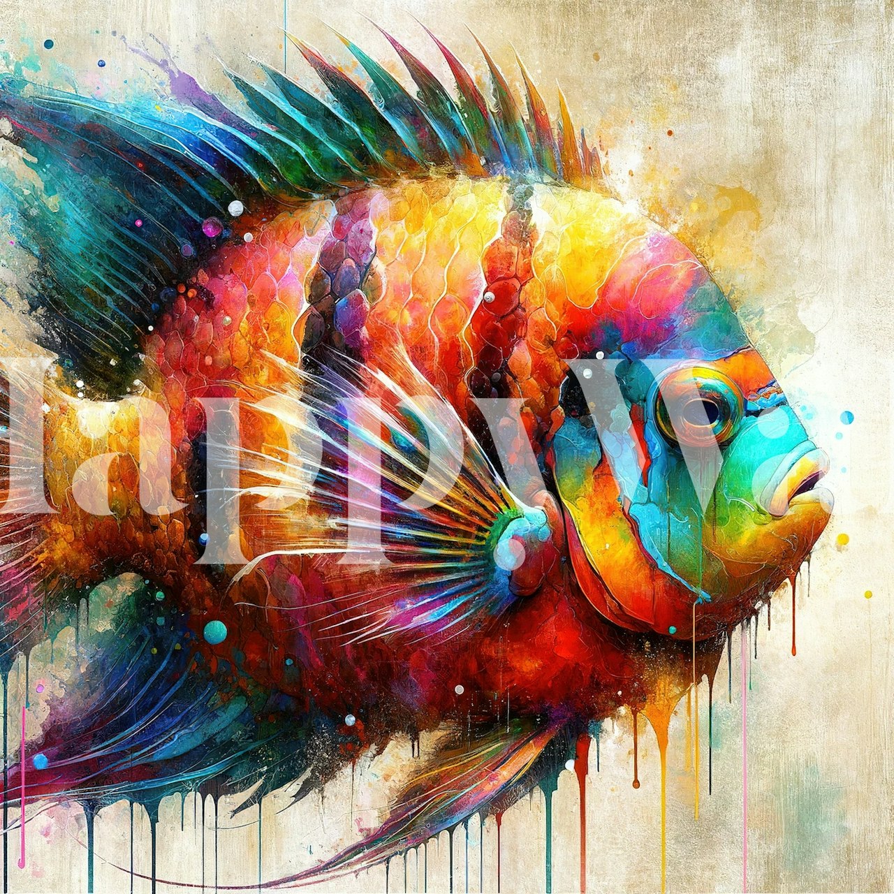 Colorful watercolor fish wallpaper in a room