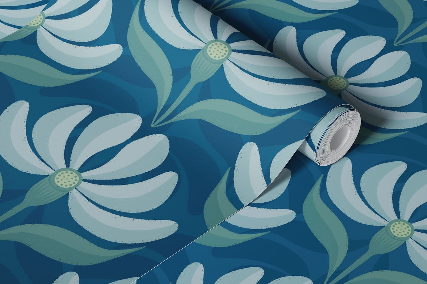 Retro Geometric Floral Dark Teal Blue Green wallpaper roll