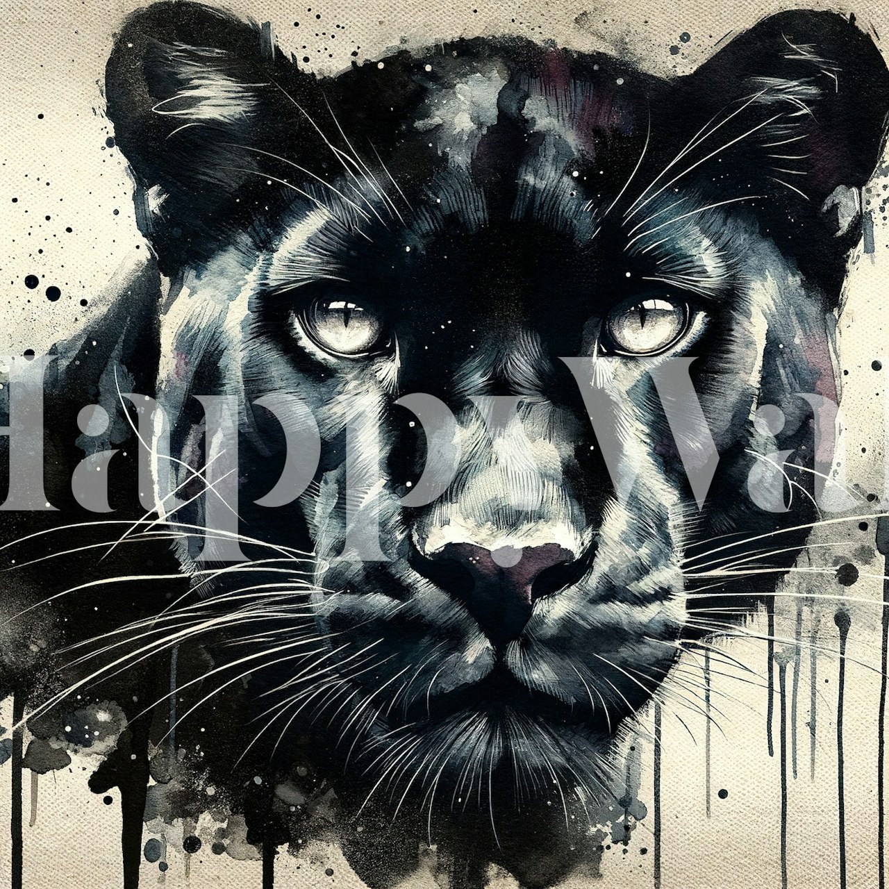 Watercolor panther design in black and white style wallpaper