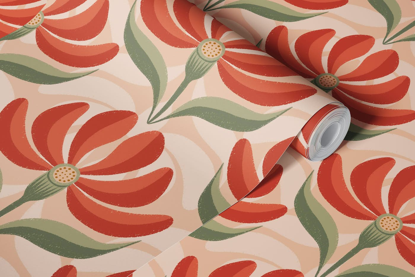 Retro Geometric Floral Red and Peachy Color wallpaper roll