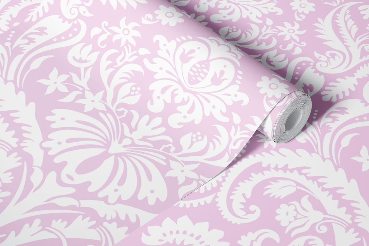 Damask Pattern 1 White on Pastel Pink wallpaper roll