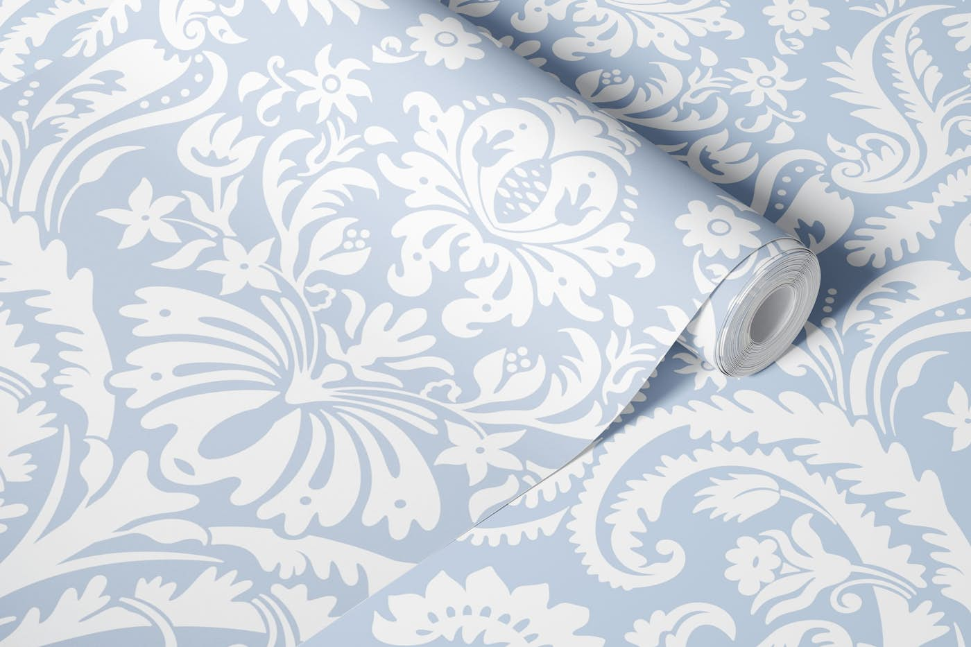 Damask Pattern 1 White on Pastel Blue wallpaper roll