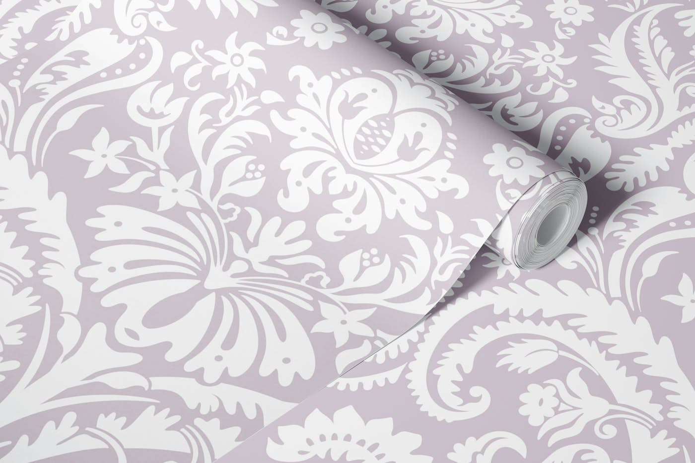 Damask Pattern 1 White on Pastel Purple wallpaper roll