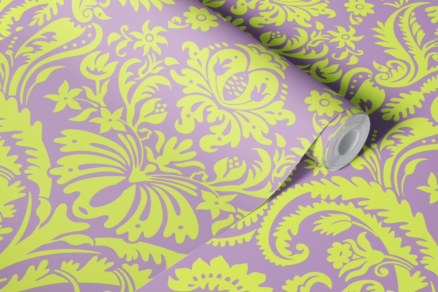 Damask Pattern 1 Green on Purple wallpaper roll