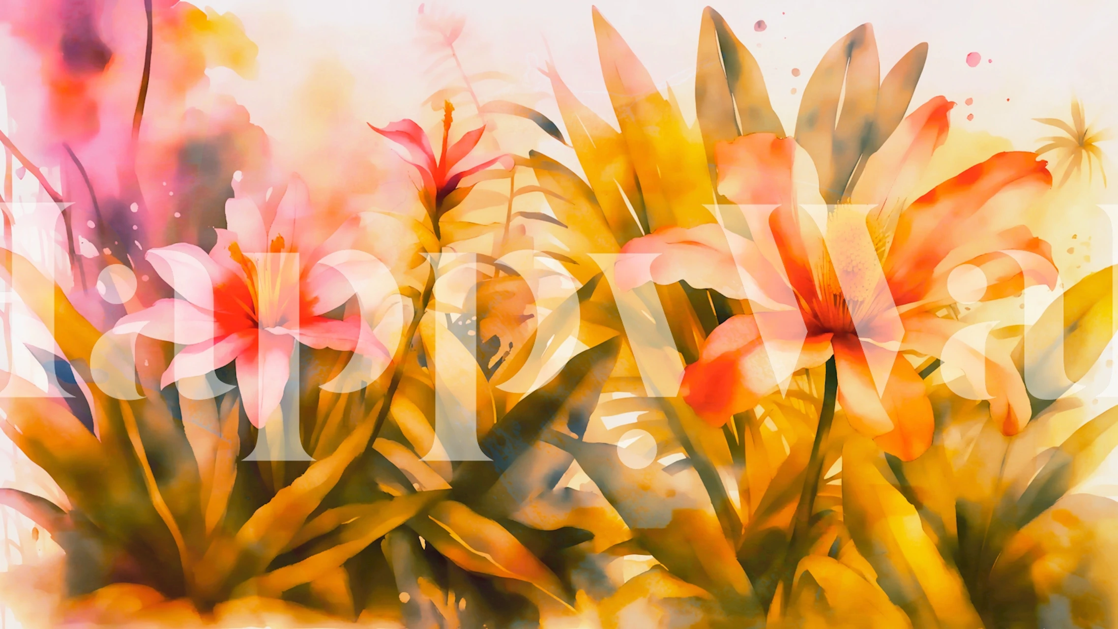 Watercolor painting of tropical plants with vibrant green leaves and pink flowers for wall mural.