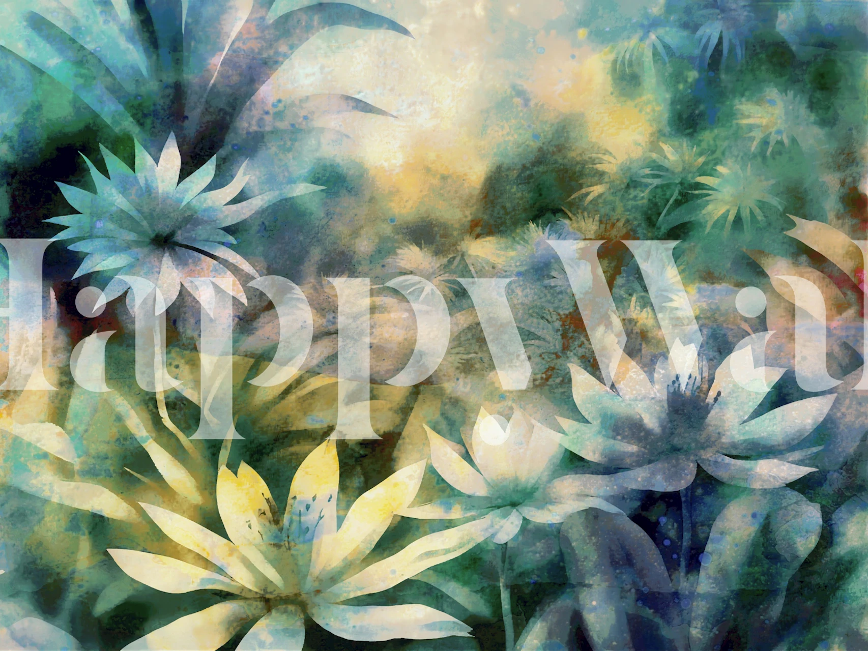 Tropical forest leaves and flowers in soft blues, greens, and yellow tones watercolor wallpaper