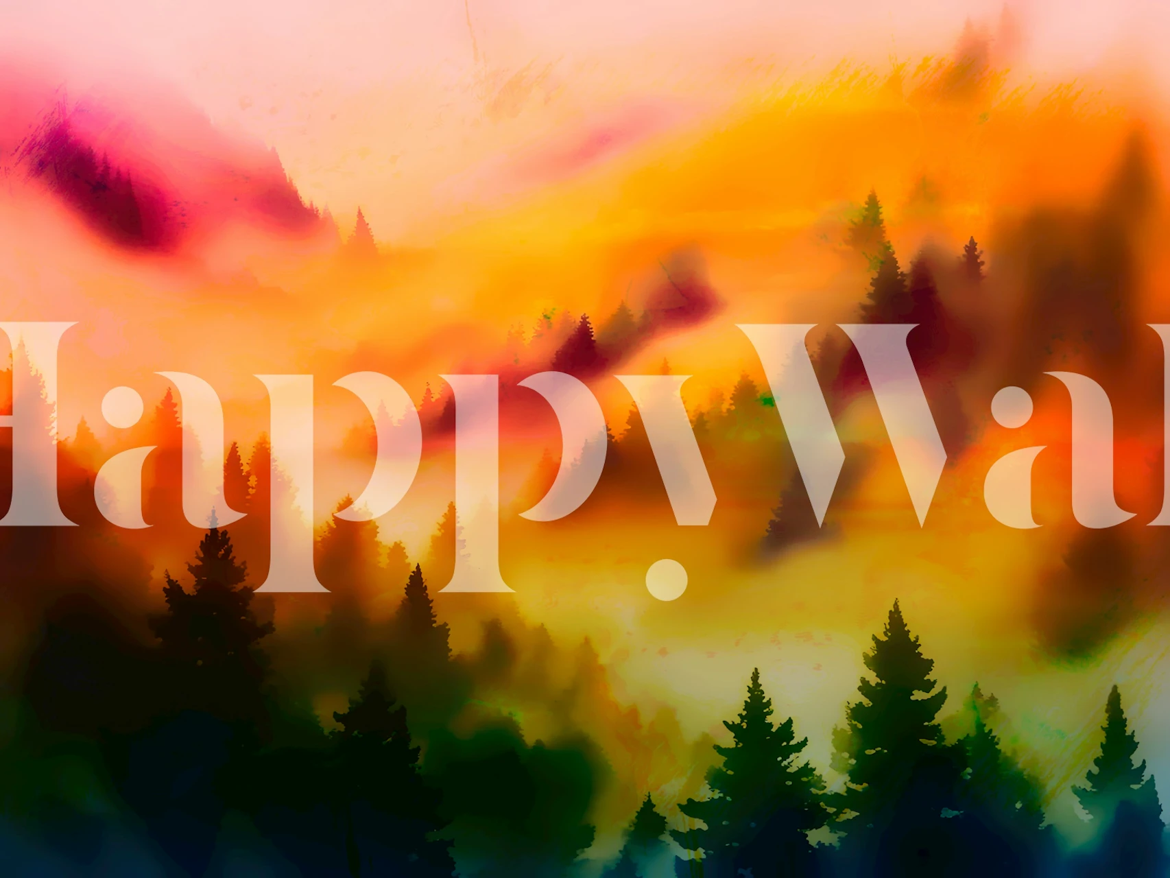 Forest silhouette with peach and orange hues wallpaper