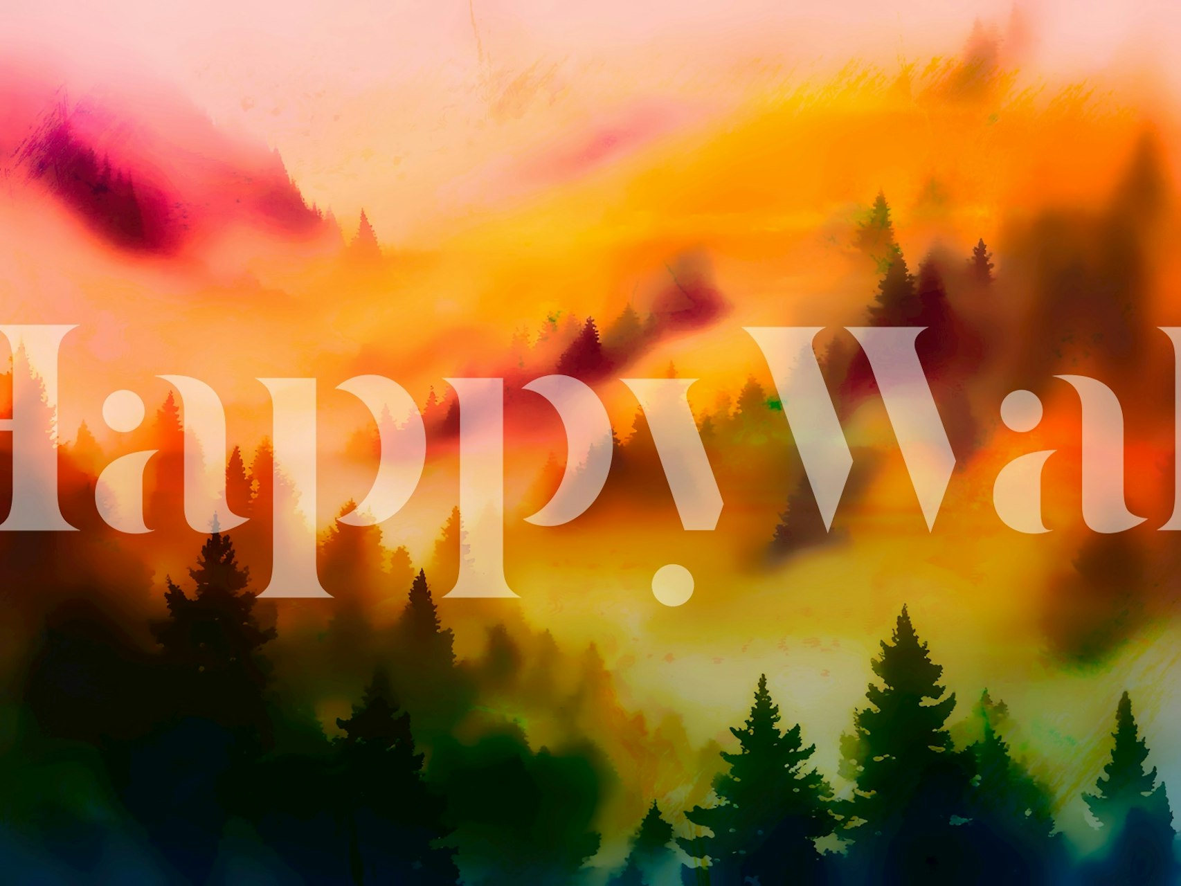 Forest silhouette with peach and orange hues wallpaper