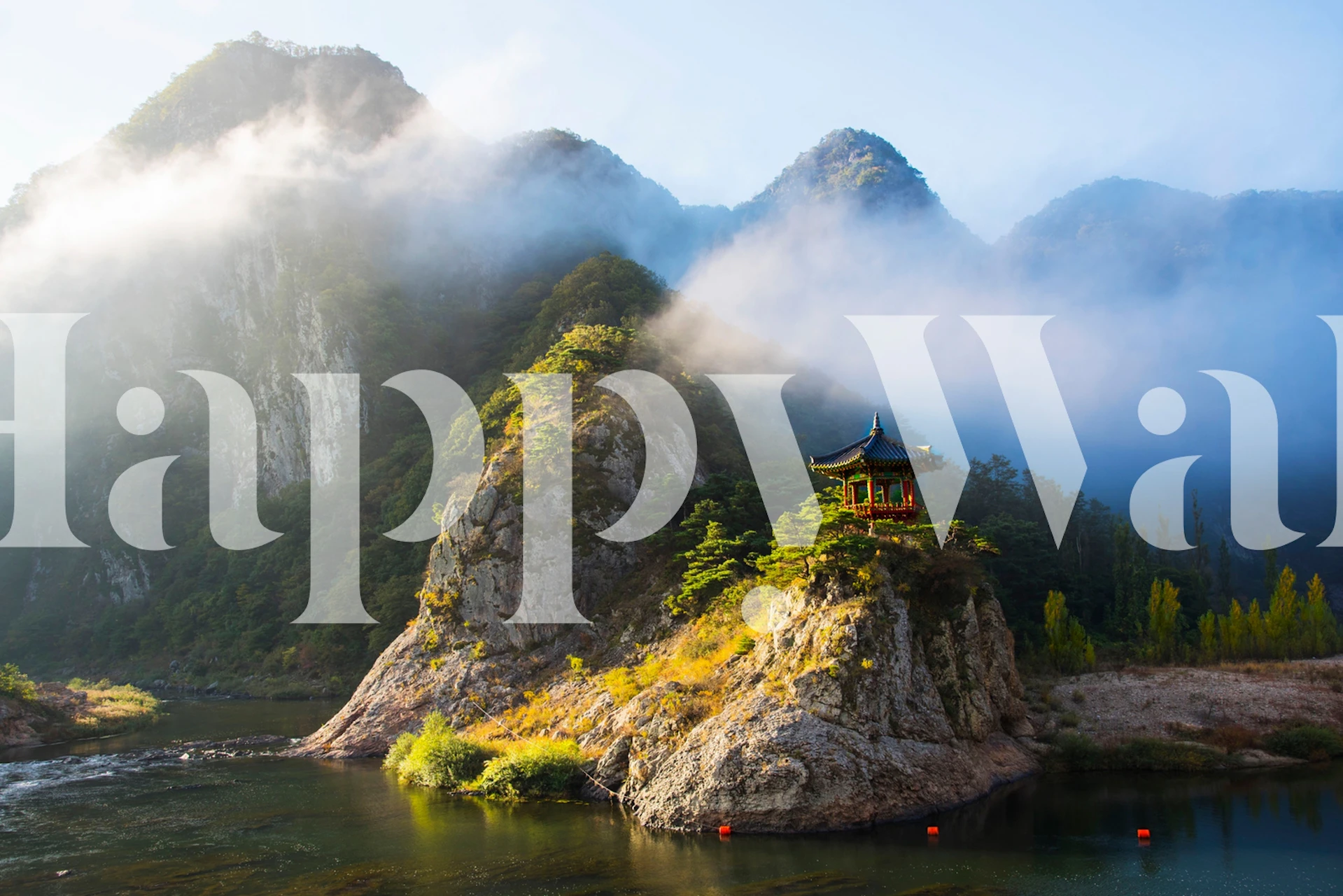 Mountain landscape with mist and a pavilion wallpaper