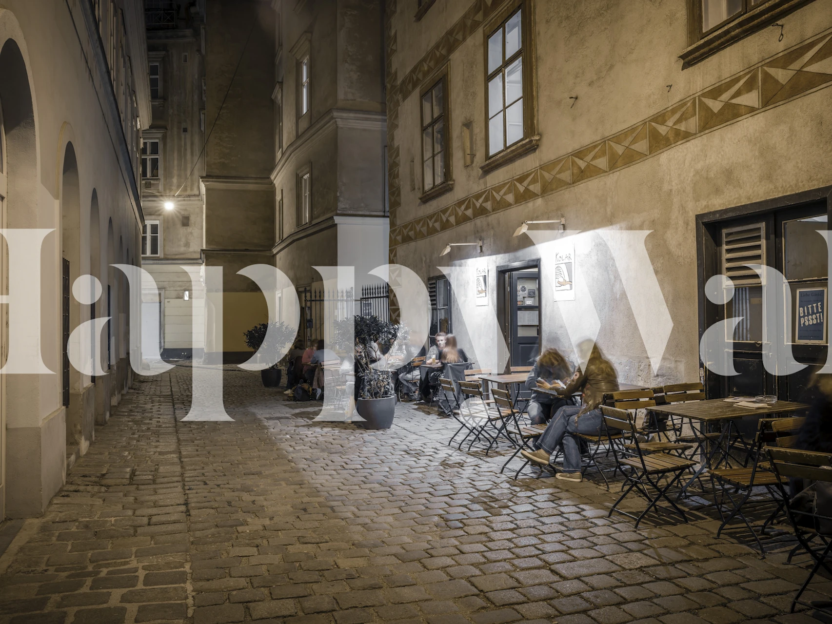 Urban street scene wallpaper with muted colors and rustic details