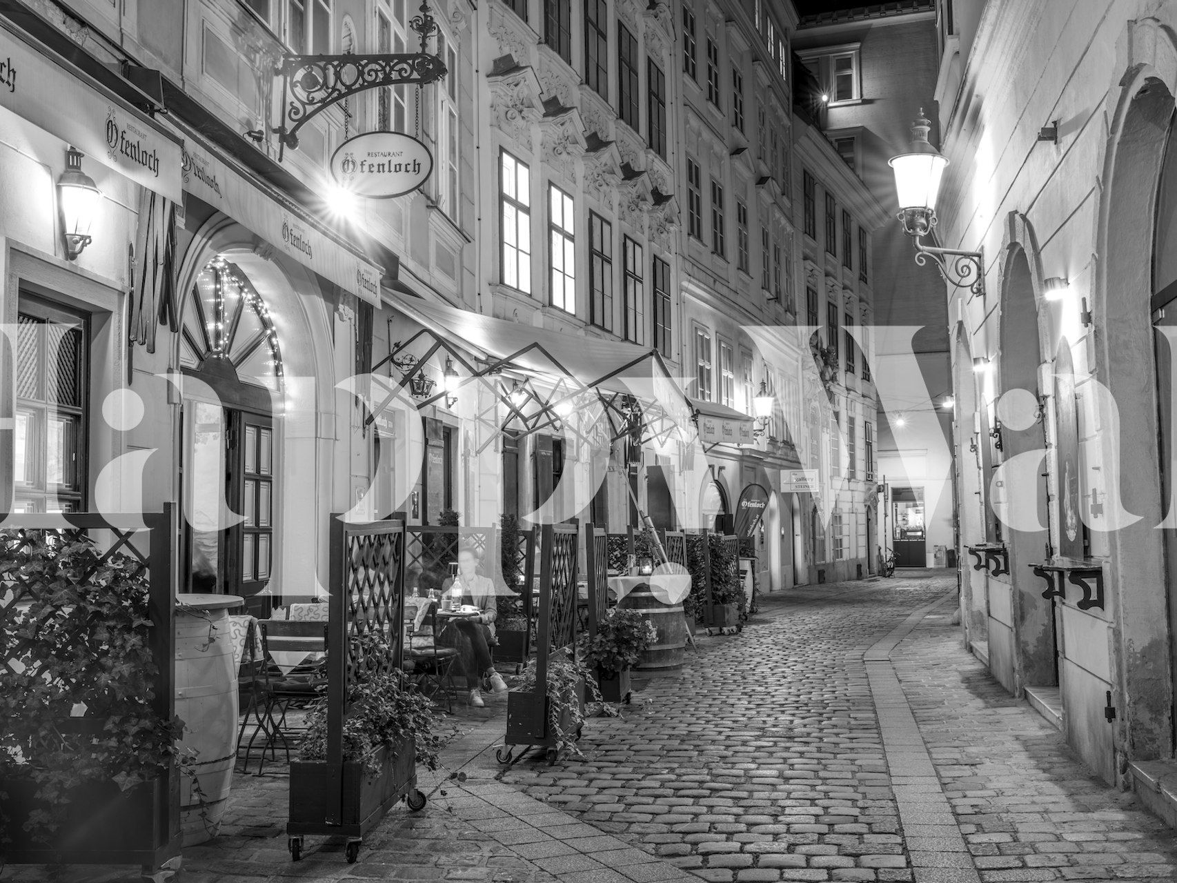 Black and white street cafe scene with cobblestone paths wallpaper