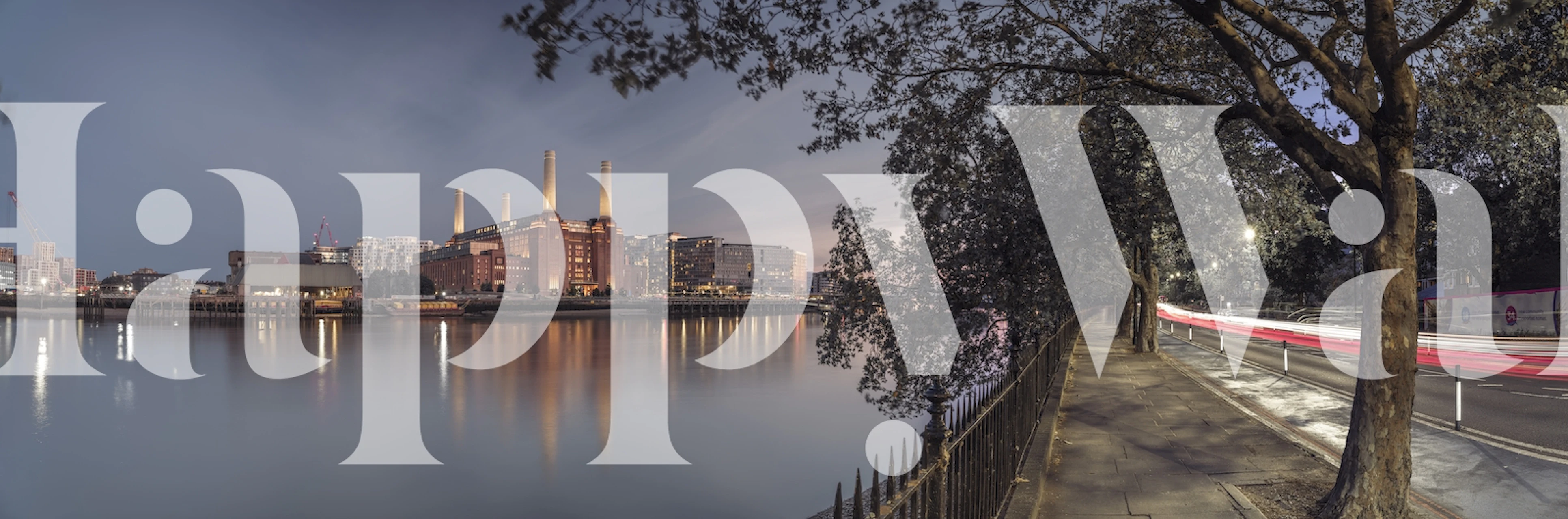Battersea Power Station with trees and river at dusk wallpaper
