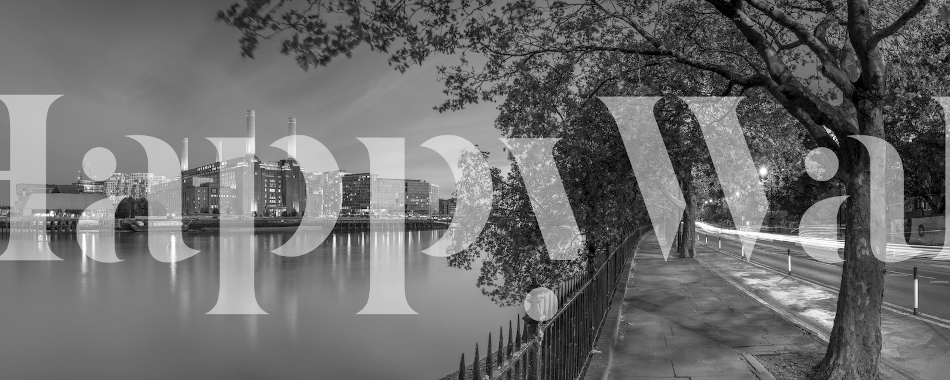 Black and white urban landscape with city and trees wallpaper