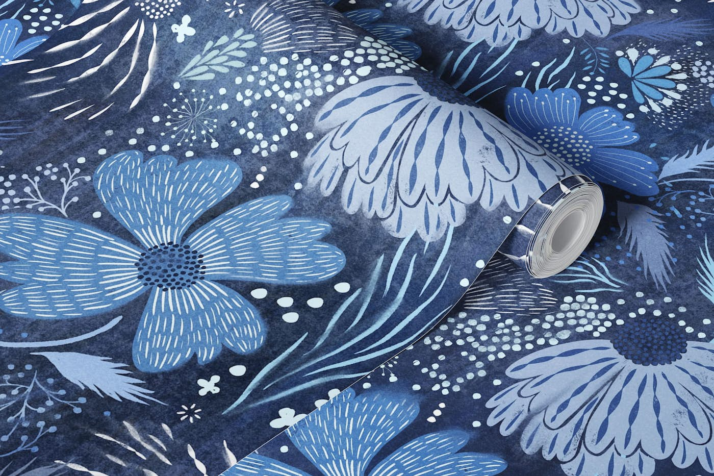 shibori blue florals wallpaper roll