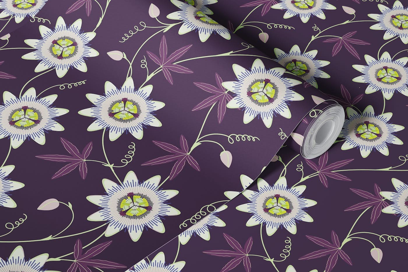 Climbing passionflower on dark purple wallpaper roll