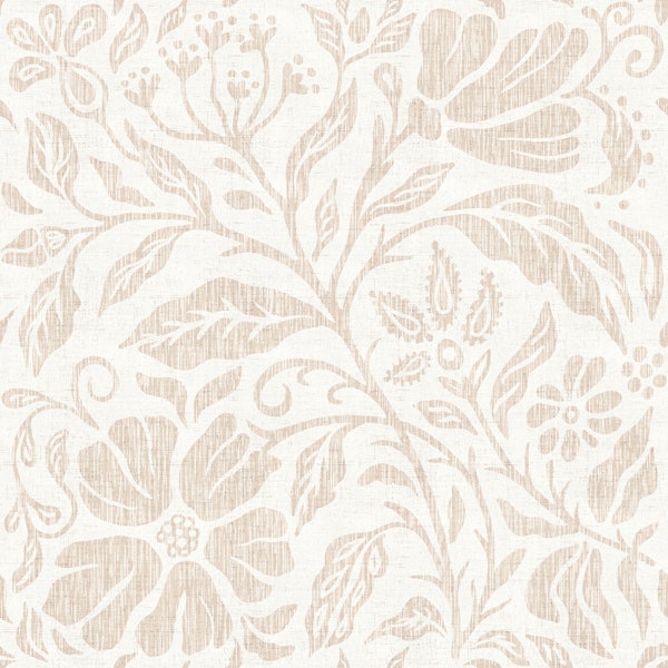 Block print floral neutral beige on white