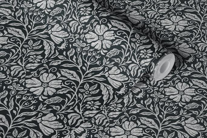 Block print floral black and whitewallpaper roll
