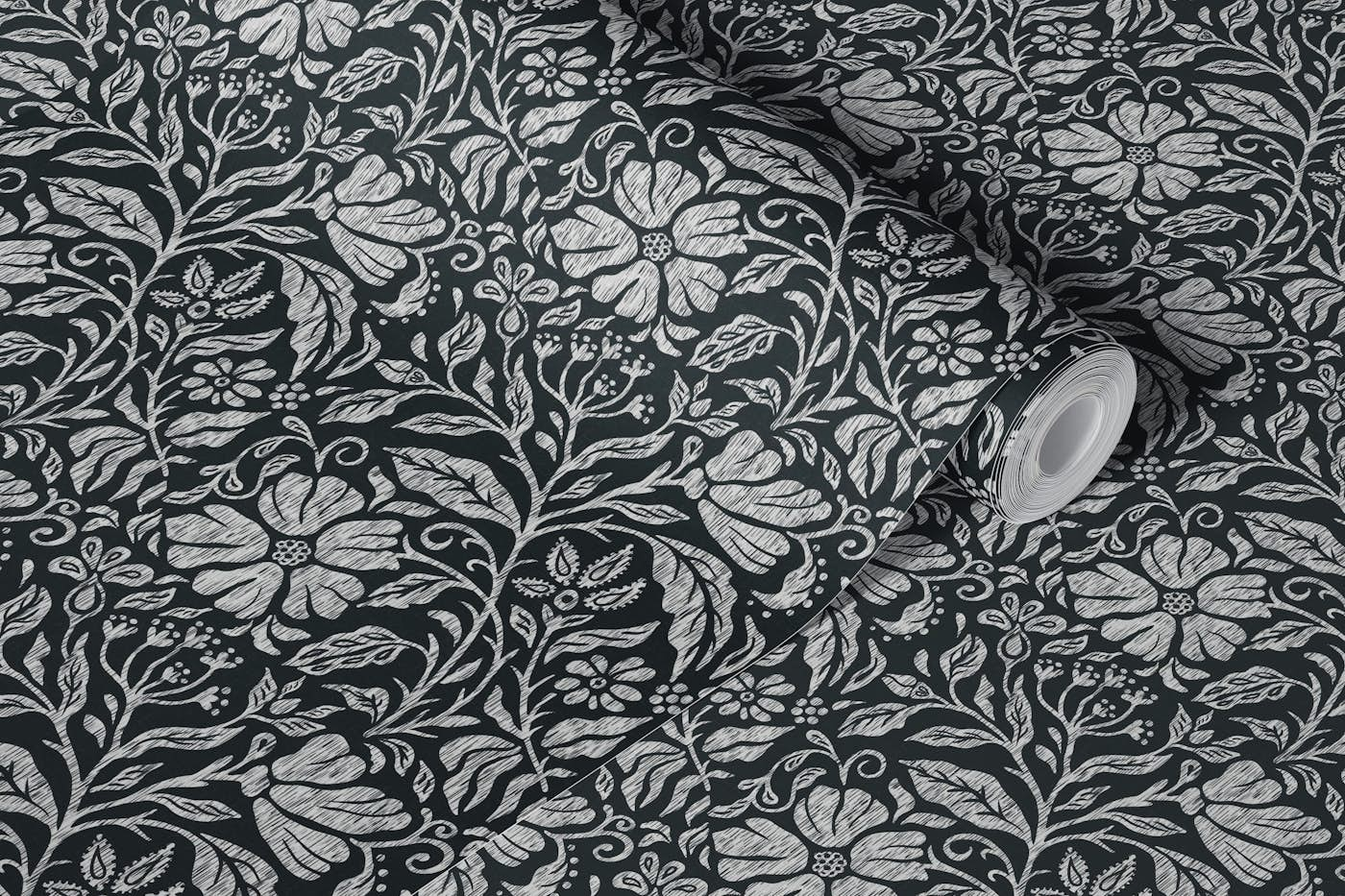 Block print floral black and white wallpaper roll