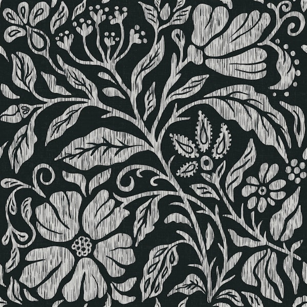 Block print floral black and white