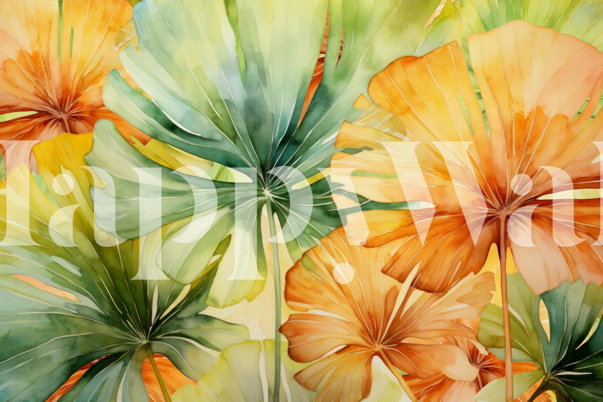 Vibrant tropical floral wall mural with a blend of orange and green hues