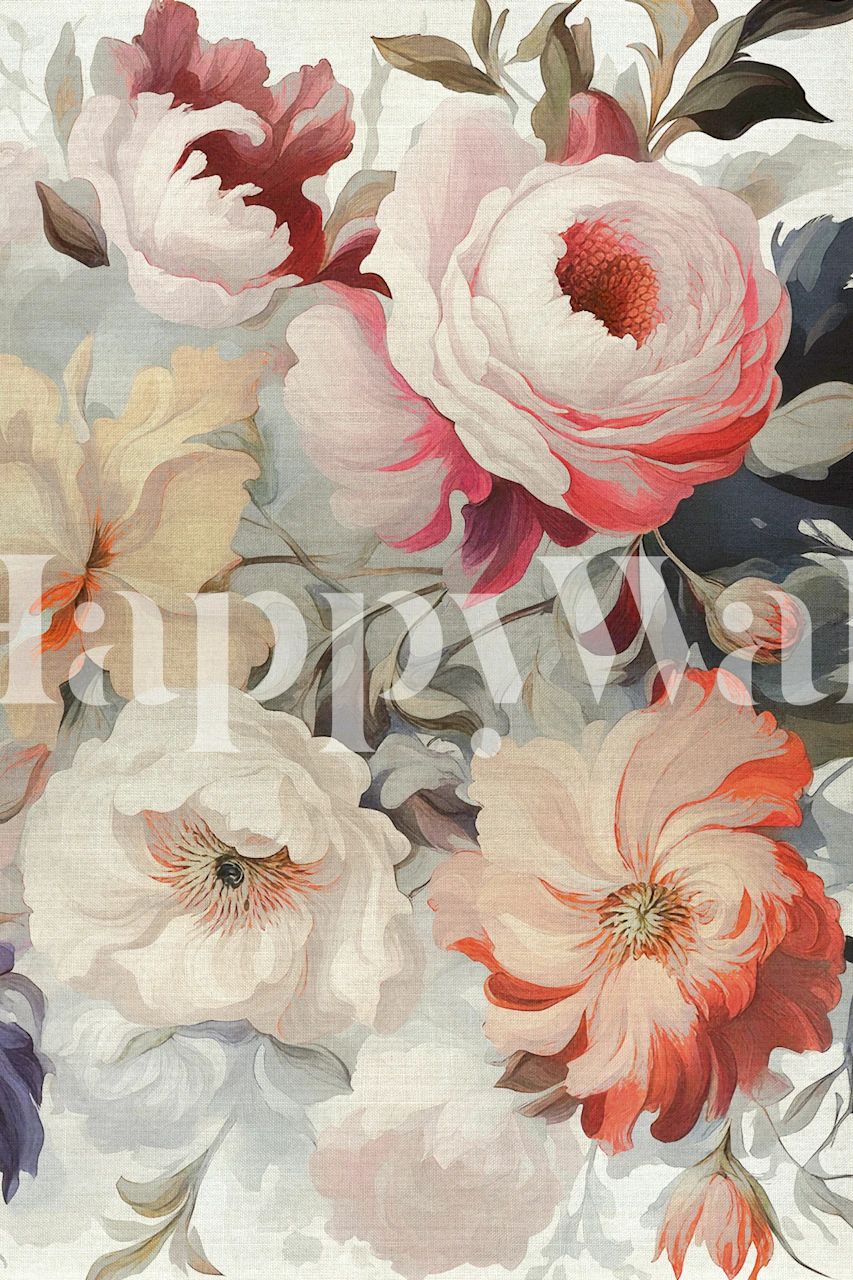 Pastel floral wallpaper with large blooms in pink, white, and peach colors
