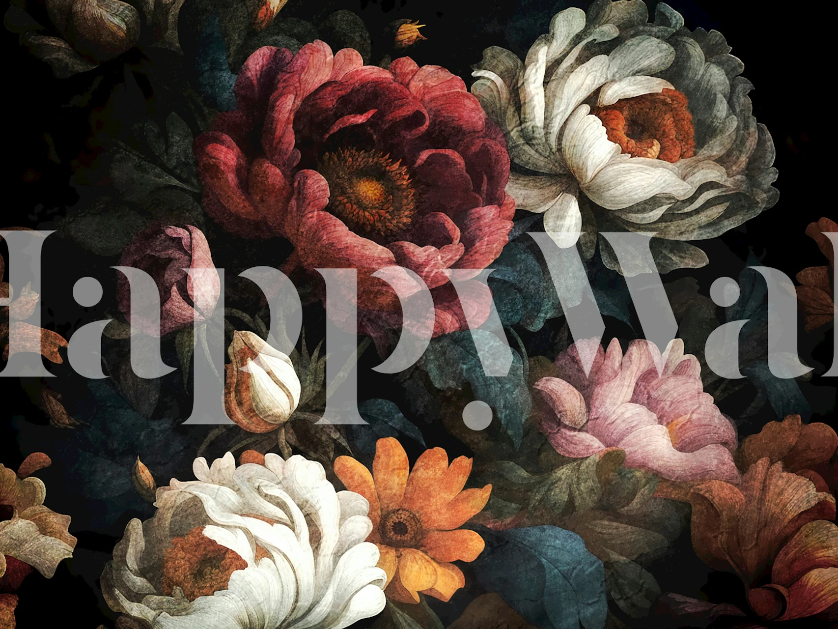 Large Moody Baroque Flowers tapetti huoneessa