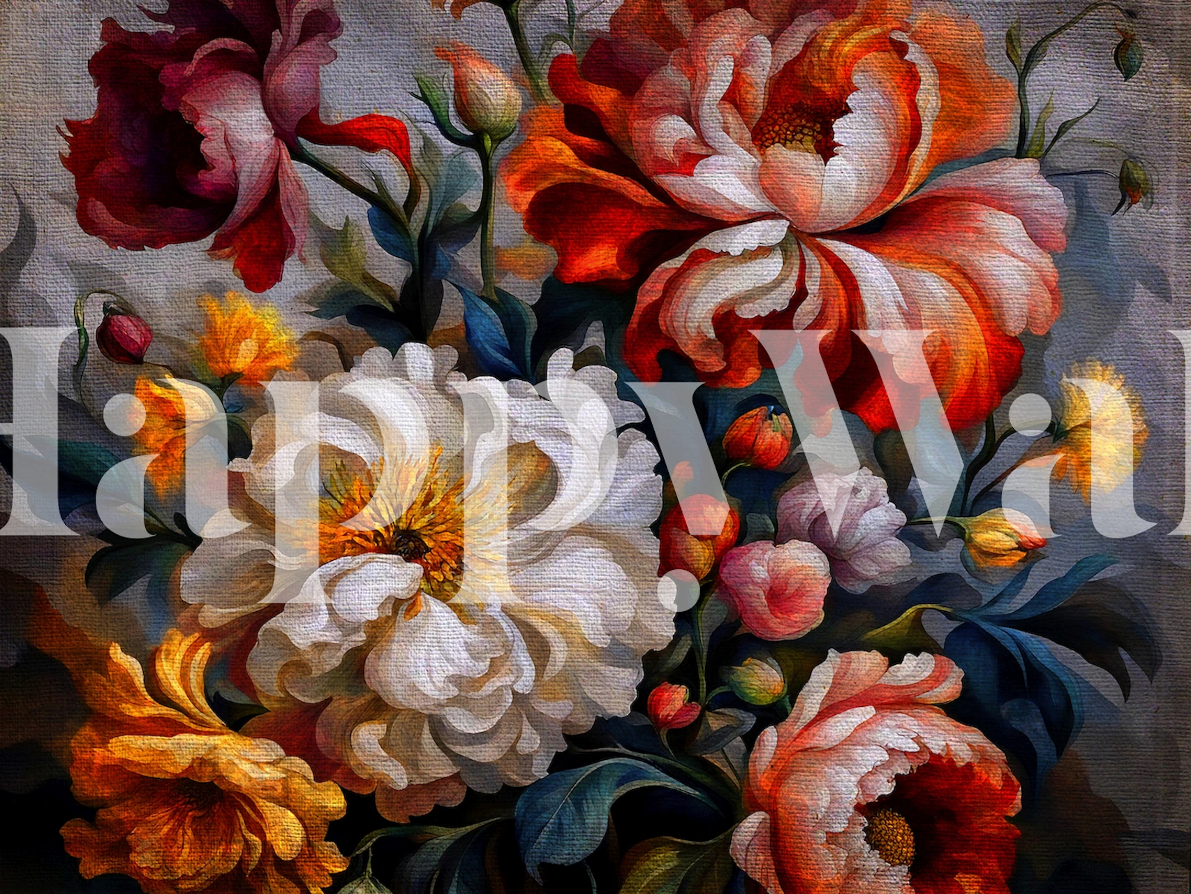 Moody floral wallpaper with vibrant flowers in red, yellow, and white