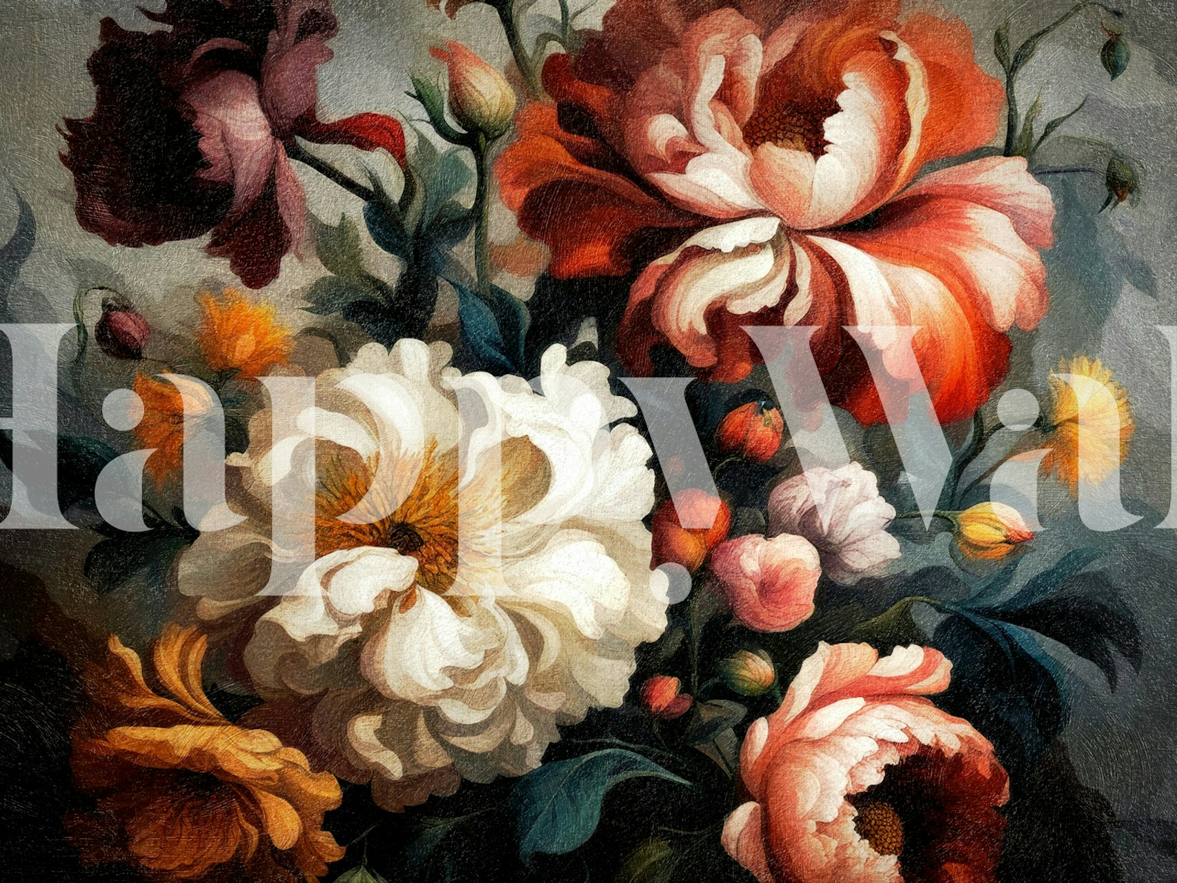 Floral wallpaper featuring large peony flowers in muted tones