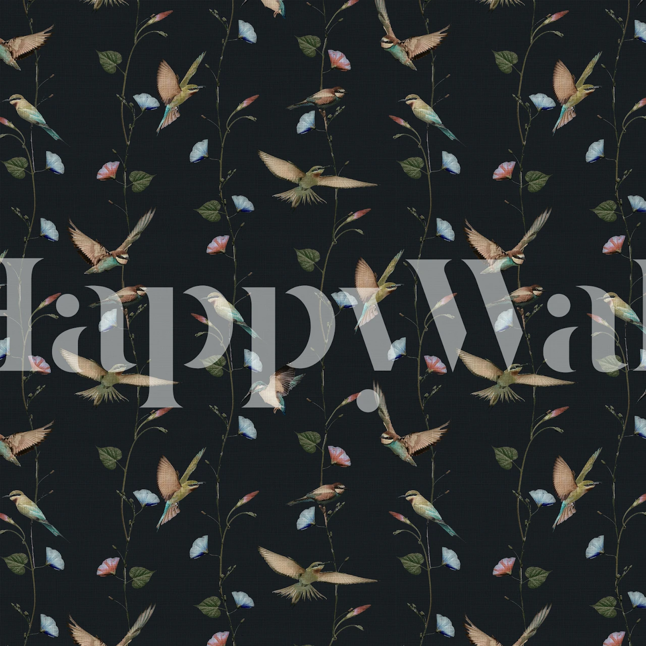 Birds flying among colorful leaves on dark background wallpaper