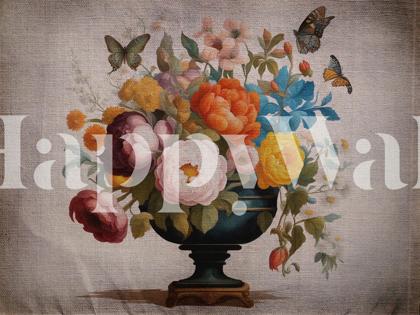 Floral arrangement with peonies, roses, and butterflies in vintage style wallpaper