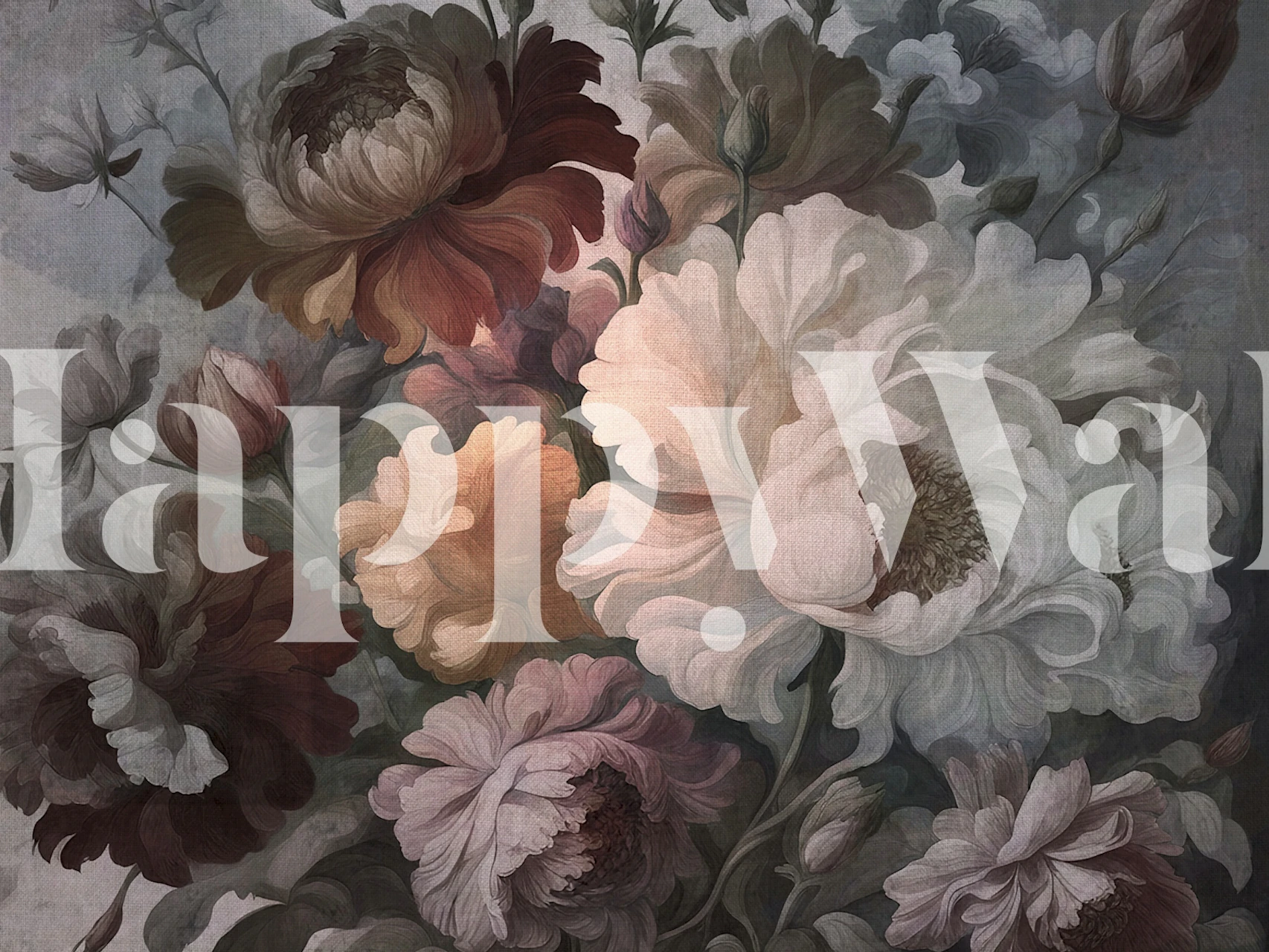Dark floral wallpaper with intricate roses in muted tones