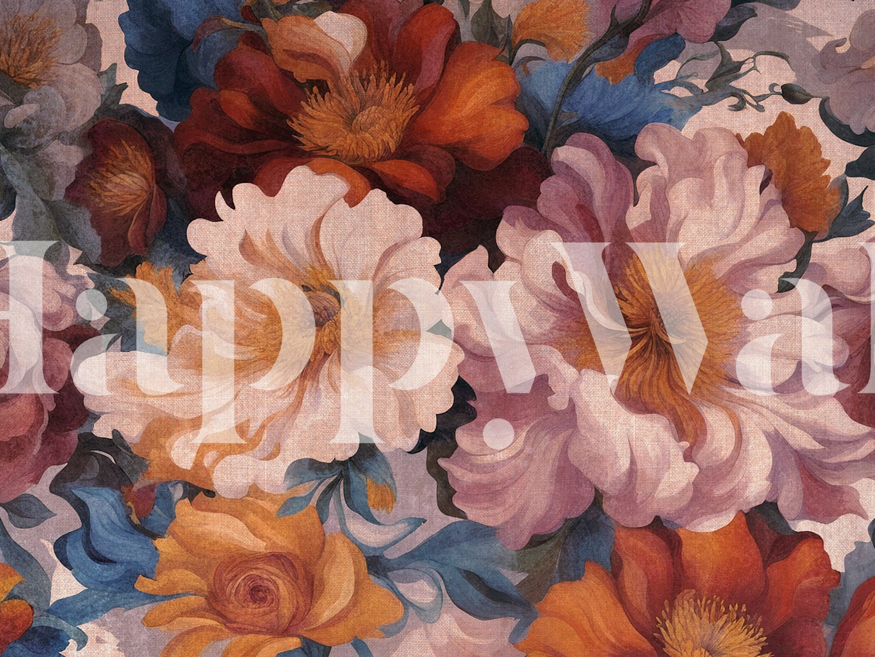 Muted floral wallpaper with pink, orange, and blue flowers