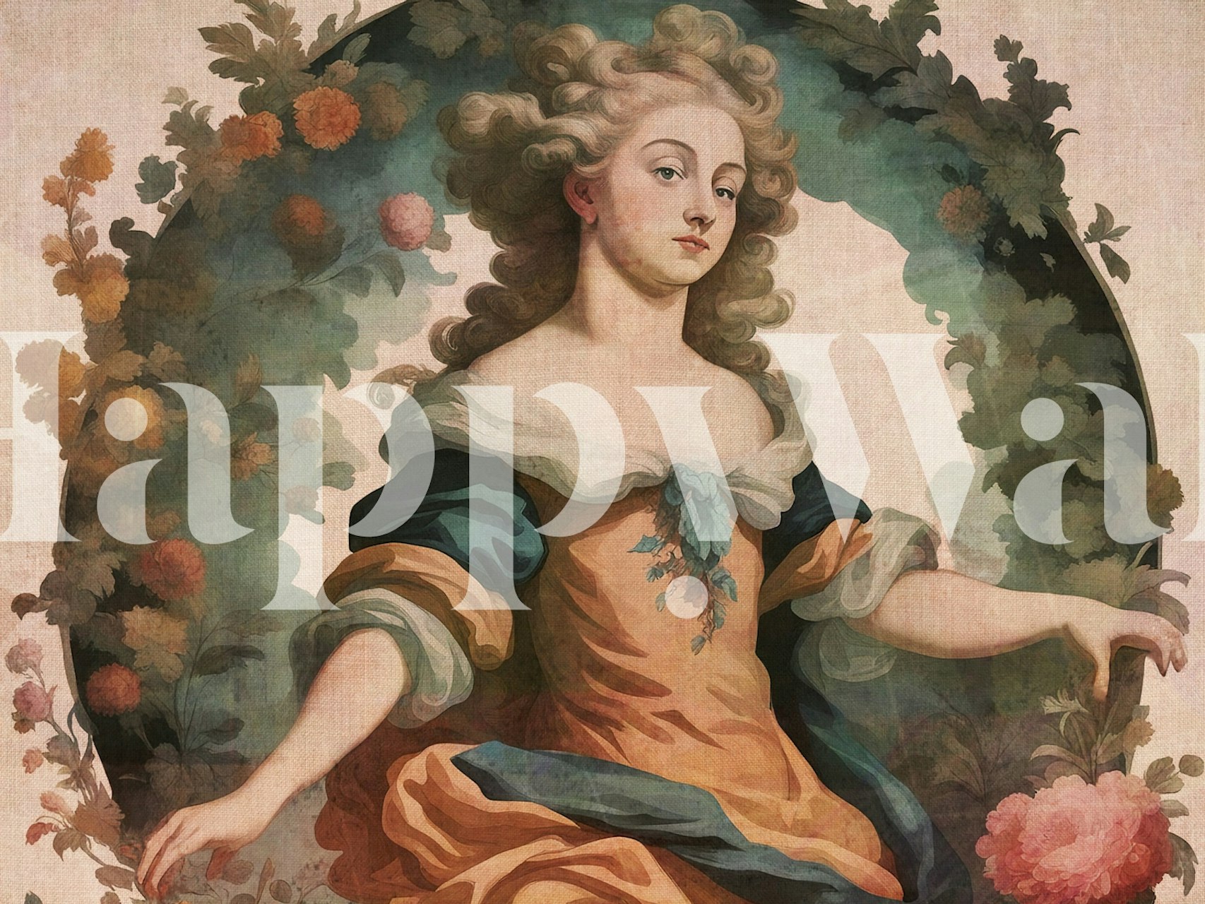 Classic floral print featuring pastel colors and a vintage style wallpaper