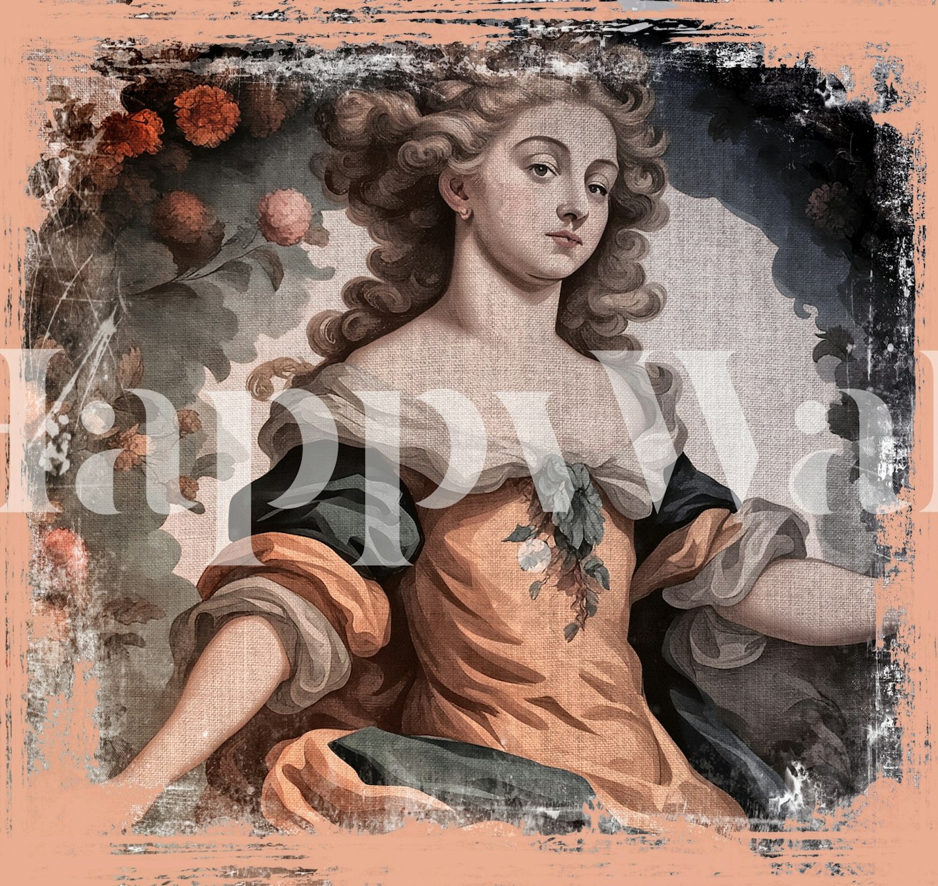 Painting of a woman among flowers in peach and gray wallpaper