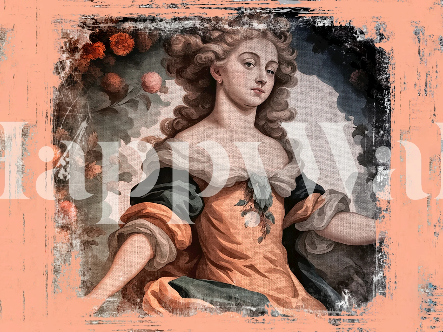 Mural de parede em estilo vintage com retrato clássico de uma senhora, tons de pêssego e elementos florais