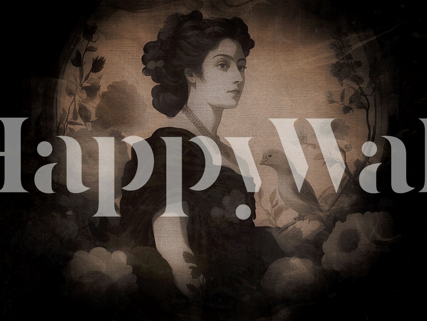 Sepia-toned surreal wall mural of a lady with ethereal florals