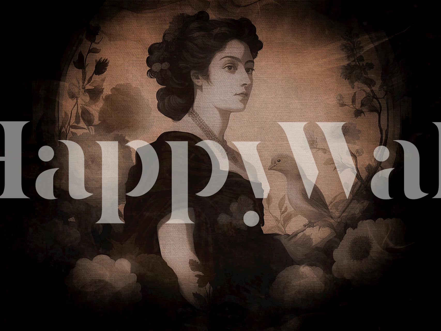 Papier peint surréaliste sépia représentant une dame avec des fleurs éthérées