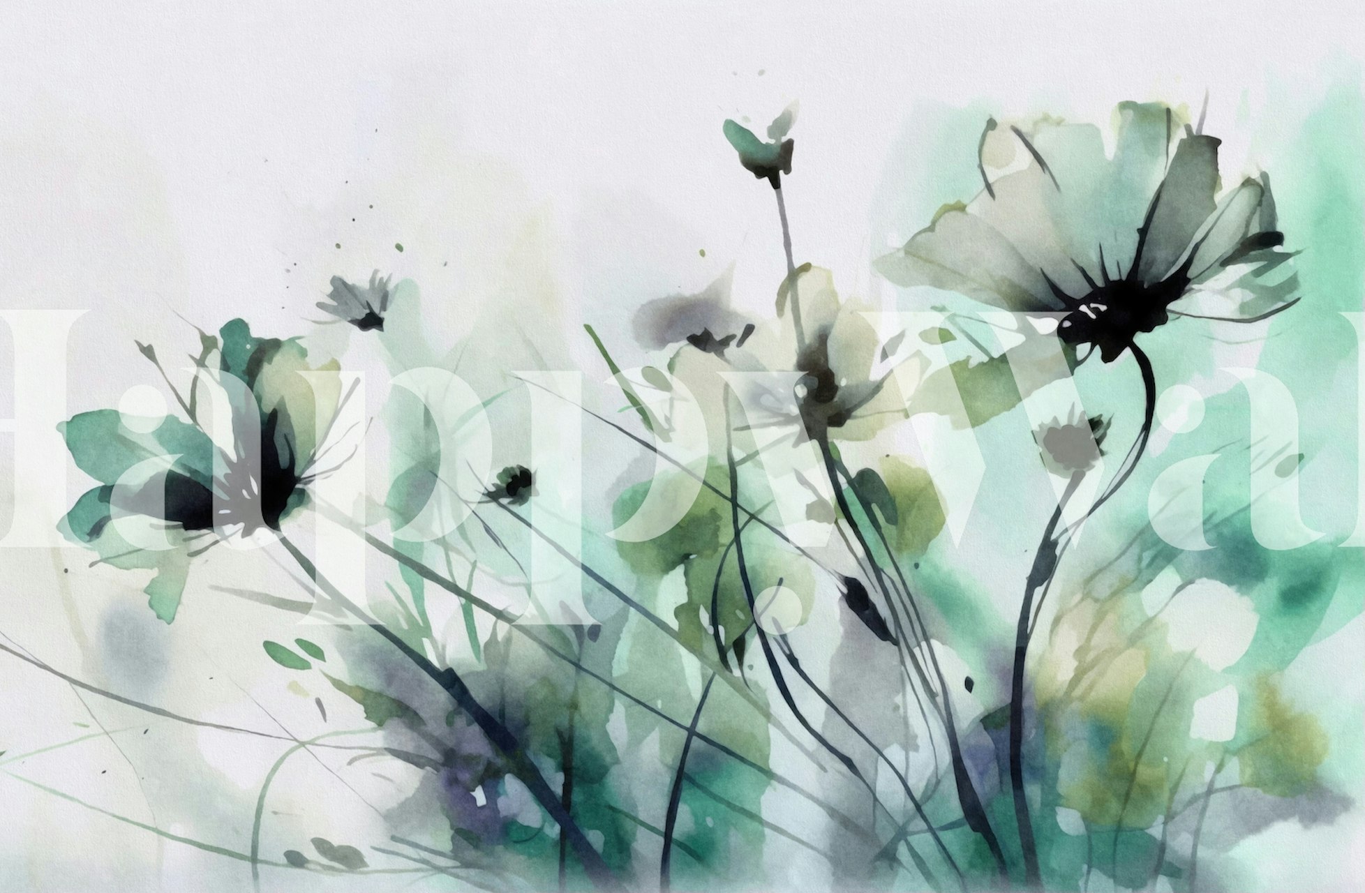 Watercolor flowers in green and black on a pale background wallpaper