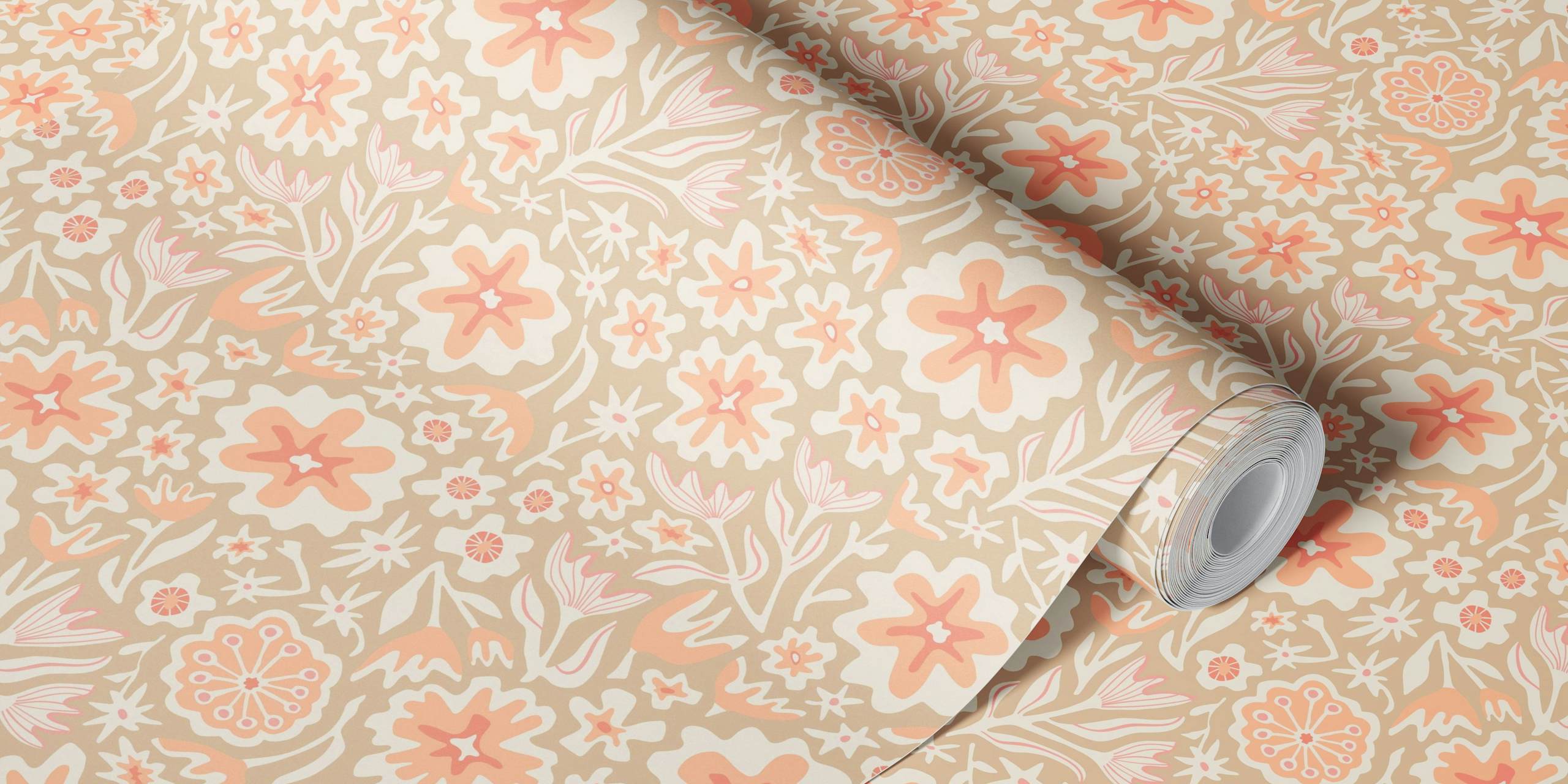 Papier peint floral tropical aux douces teintes pêche