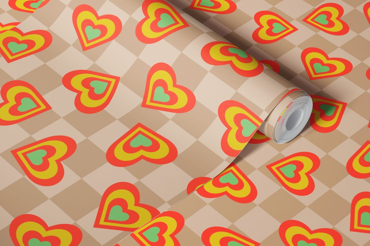 LOVE HEARTS CHECKERBOARD Coral Green Beige wallpaper roll