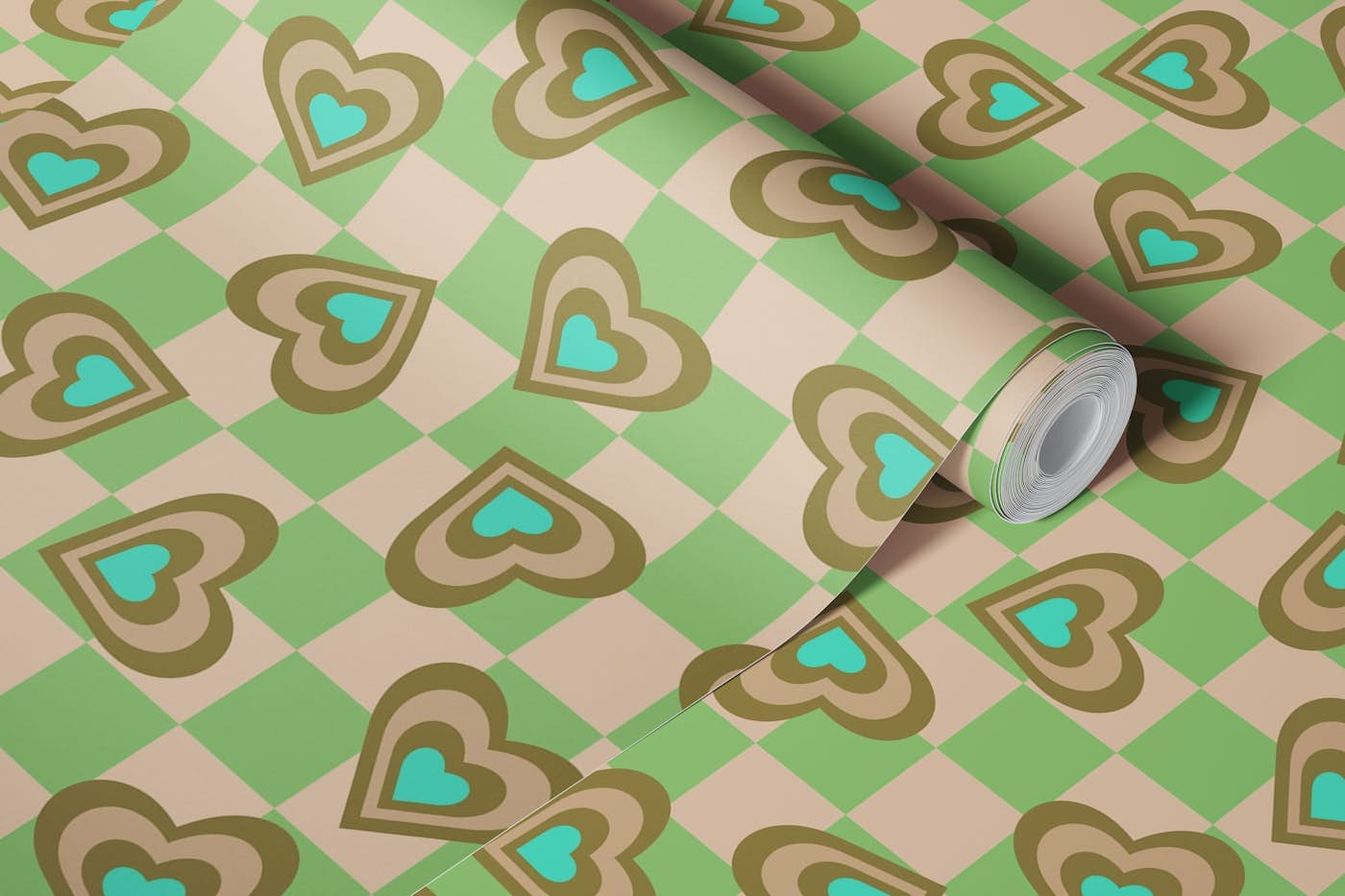 LOVE HEARTS CHECKERBOARD Olive Aqua Green wallpaper roll