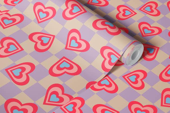 LOVE HEARTS CHECKERBOARD Red Pink Lavenderwallpaper roll