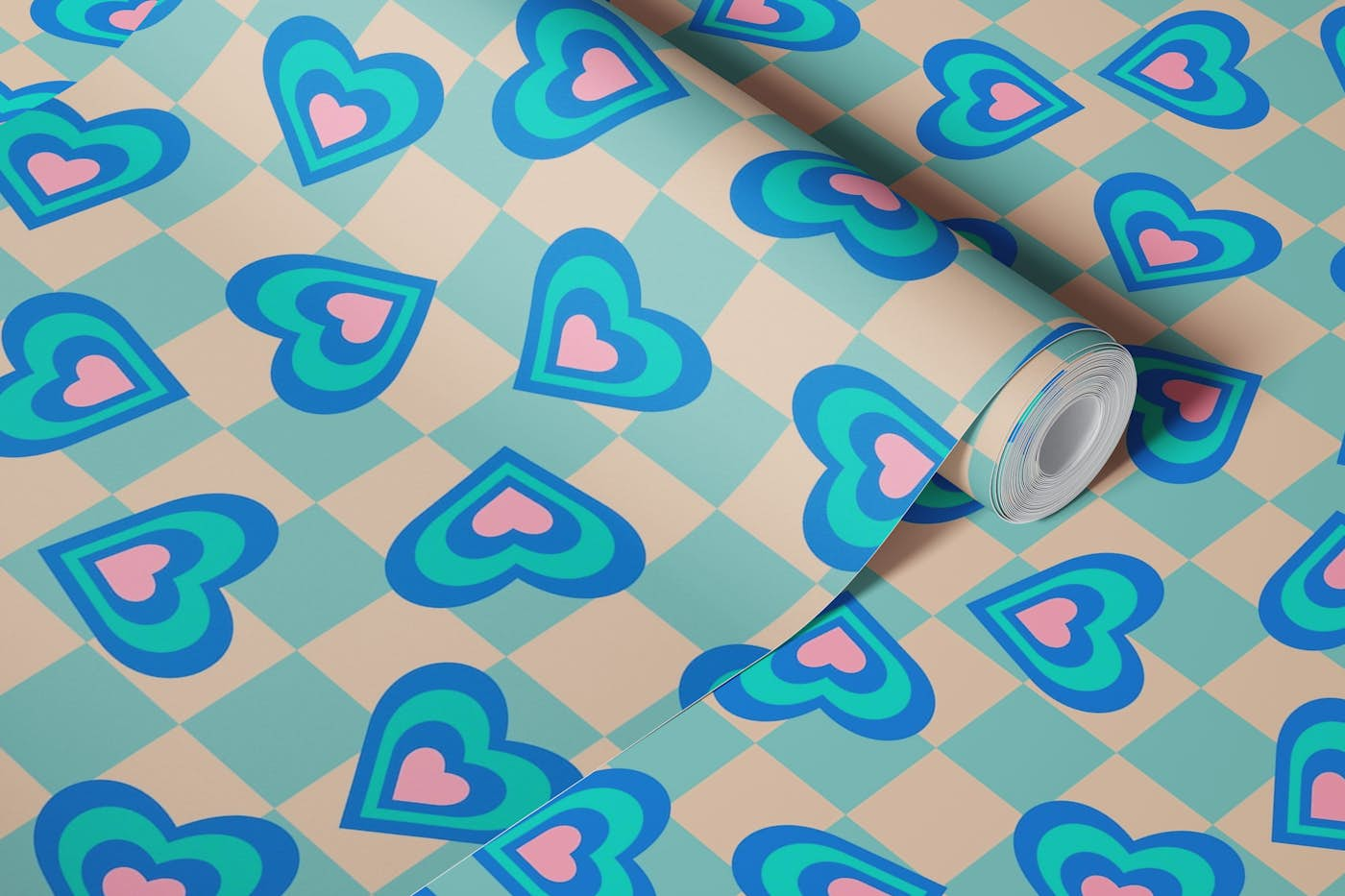 LOVE HEARTS CHECKERBOARD Royal Pink Blue wallpaper roll