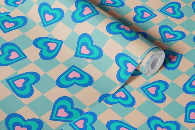 LOVE HEARTS CHECKERBOARD Royal Pink Bluewallpaper roll