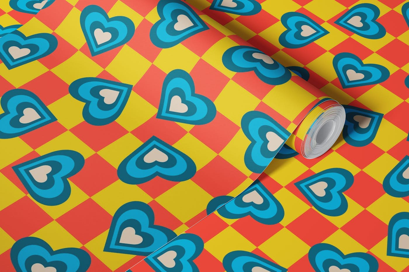 LOVE HEARTS CHECKERBOARD Teal Blue Orange wallpaper roll