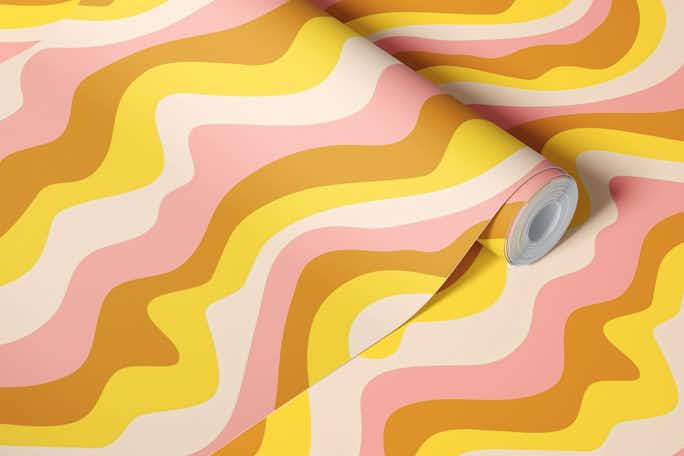 GOOD VIBRATIONS Mod Wavy Stripes Pink Yellowwallpaper roll